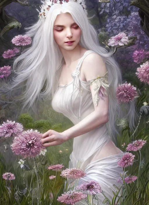 Prompt: highly detailed ilustration of a beautiful white haired woman as a fairy princess in a garden holding a bunch of wild flowers, deep focus, d & d, fantasy, intricate, elegant, highly detailed, digital painting, artstation, concept art, matte, sharp focus, illustration, hearthstone, art by artgerm and greg rutkowski and alphonse mucha