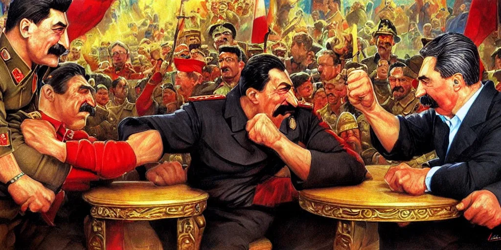 Prompt: arm wrestling between ( ( vladimir putin ) ) and ( ( iosif stalin ) ), hyperrealistic, digital concept art, caricature illustration, art by gaston bussiere