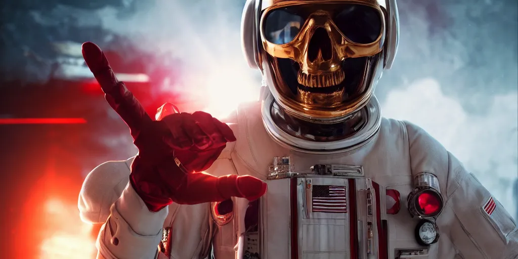 Image similar to ornate red skull in astronaut suit, gold linens, cinematic lighting, dramatic, octane render, long lens, shallow depth of field, bokeh, anamorphic lens flare, 8k, hyper detailed