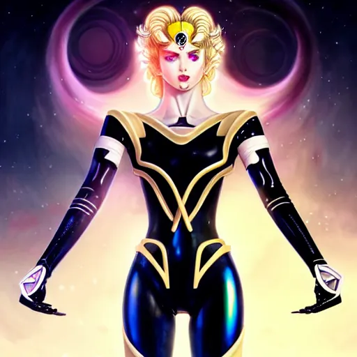 Prompt: genetically augmented super soldier Sailor Moon as a male, pale skin curly blond hair, black latex bodysuit with glowing cybernetics, fantasy, intricate, elegant, highly detailed, digital painting, artstation, concept art, matte, sharp focus, illustration, art by Artgerm and Greg Rutkowski and Alphonse Mucha