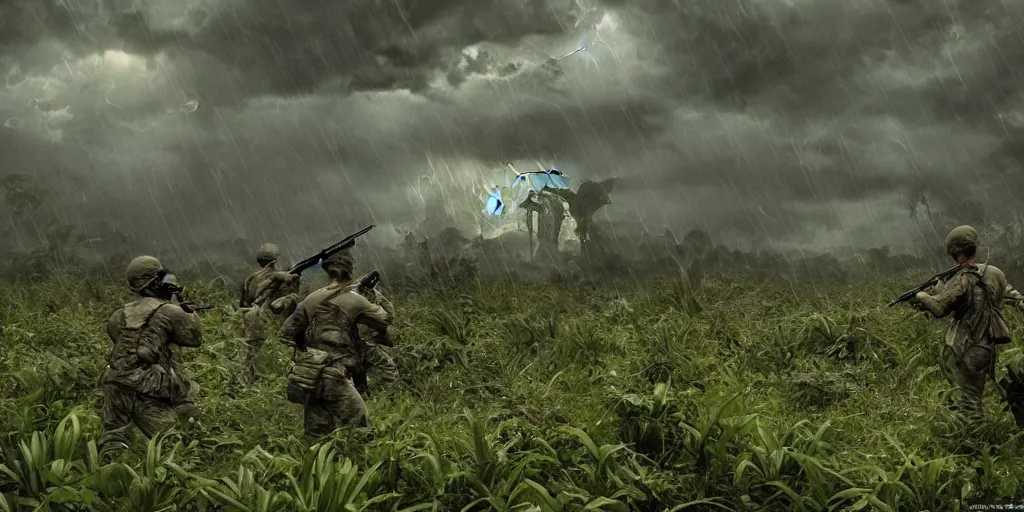 Prompt: A photo of 1960\'s US soldiers shooting at an eldritch monster in the jungle during a thunderstorm. highly detailed, cinematic lighting, 8k