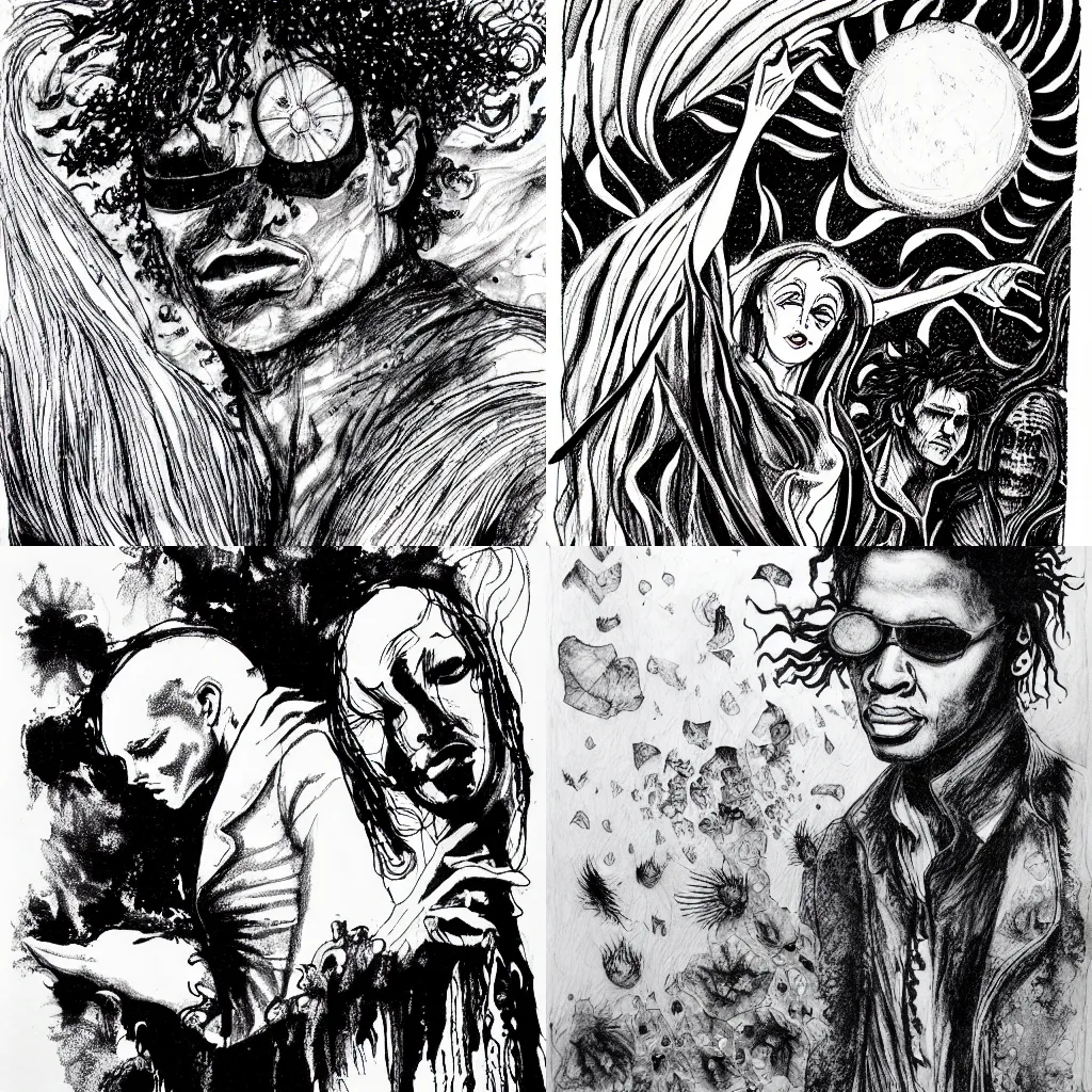 Prompt: Dream of the Endless by Neil Gaiman, Morpheus, Sandman, Goth, black and white, pen and ink painting