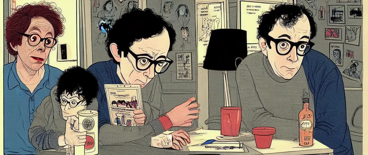 Prompt: character study of todd solondz mixed with charlie kaufman and woody allen | vivid colors : storyboard, dramatic and emotional, concept design, realistic. by gabriel hardman, joe alves, j. todd anderson, chris bonura. cinematic atmosphere, detailed and intricate, perfect anatomy