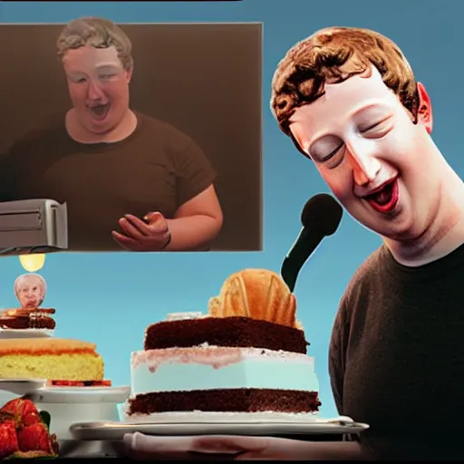 Image similar to Matte painting of obese Mark Zuckerberg eating Cake