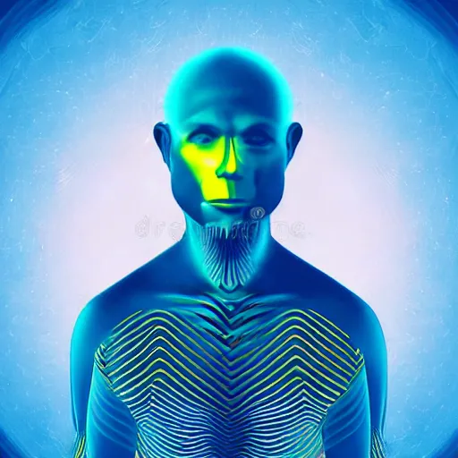 Image similar to human man that resembles a wasp morh in surreal sketch style, blue and yellow gradient, noise, ultrafine detail, hd 8k, logo illustration