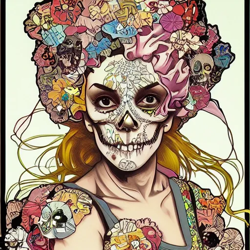 Image similar to manga skull portrait girl female skeleton marilyn monroe realism hyperrealistic art Geof Darrow and will cotton alphonse mucha pop art nouveau