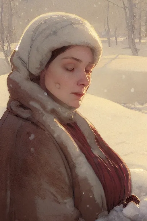 Image similar to portrait of a pale and sad pregnant woman in the besieged Leningrad in winter, digital painting, artstation, concept art, smooth, sharp focus, illustration, art by artgerm and greg rutkowski and alphonse mucha