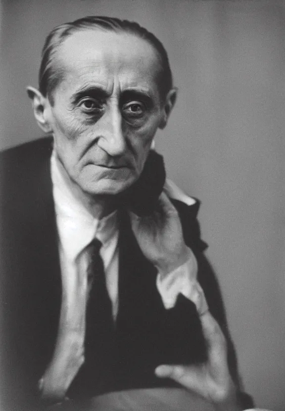 Image similar to a close - up casual photo of marcel duchamp with pensive eyes, blurry, motion blur, 1 9 2 0 s monochrome snapshot, graflex 4 x 5, f 1. 8, 3 5 mm, ilford delta 3 2 0 0 pro, cyborg