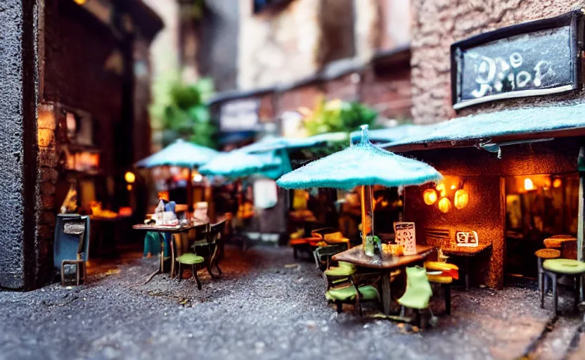 Prompt: miniature cafe diorama, macro photography, cafe with felted anglerfish on a date, alleyway, ambient, atmospheric, british, cozy, bokeh, romantic, colorful lanterns