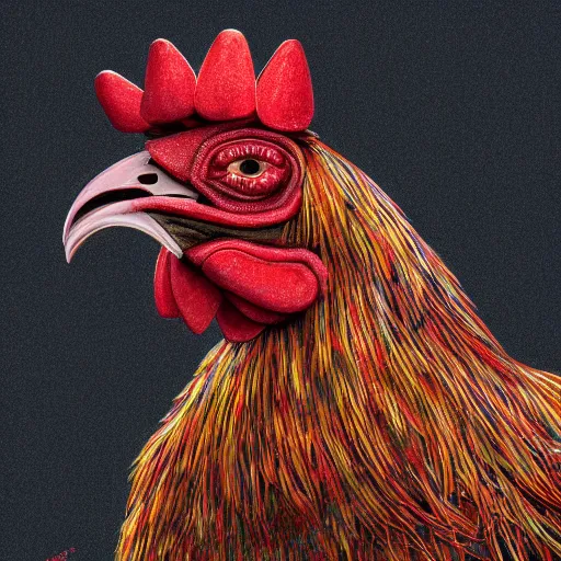 Prompt: a portrait of a robotic rooster wearing a hoodie, surreal, face, detailed, intricate, elegant, lithe, highly detailed, digital painting, artstation, concept art, smooth, sharp focus, illustration