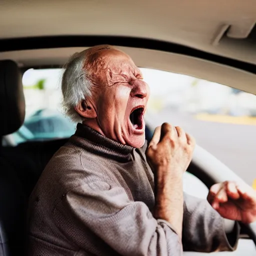Prompt: an old man screaming out his car window in a drive thru, photography, fury,