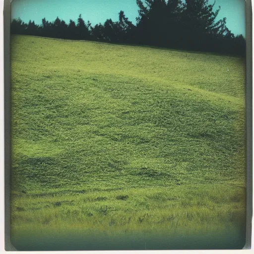 Prompt: polaroid photo!! of a green empty steep grass hill with no trees, flash photography, strange unnatural lighting, flash photography, uncanny, colored photograph