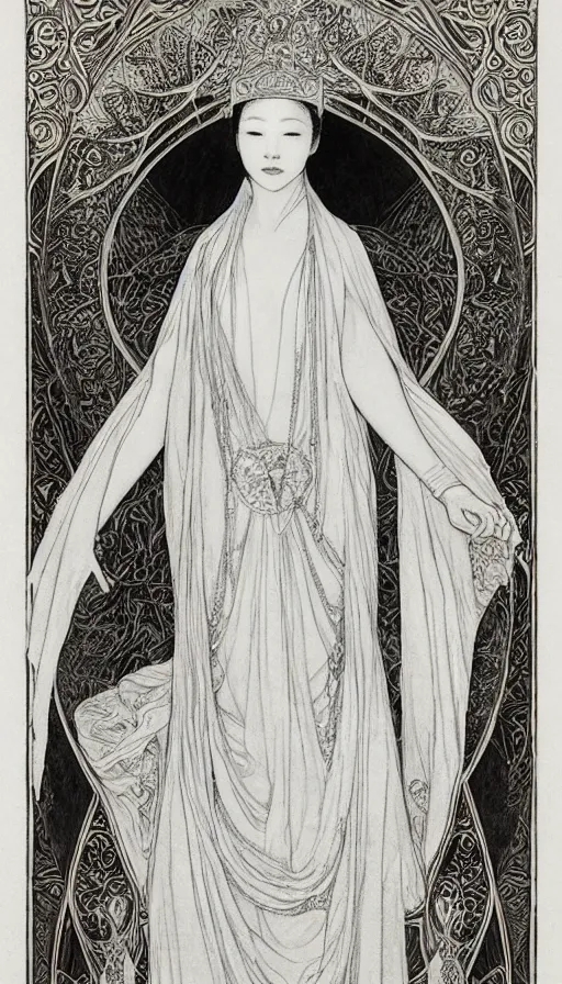 Image similar to yoon young bae as the high priestess, by mucha, black and white graphite drawing, smooth render