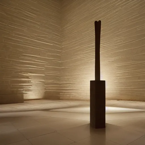 Prompt: single clay museum sculpture, cube pedestal, pyramidal symbolic representation, in a large hall, ambient lighting, museum catalog photograph