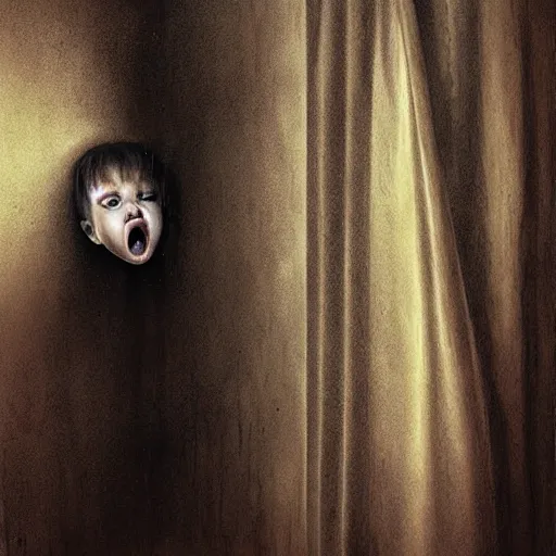 Image similar to Curtain Ghost by Mark Arian, dark, horror, surrealism, horror scene of a child staring outside the window. Screaming for help by Santiago Caruso, Stefan Koidl and Kentaro Miura