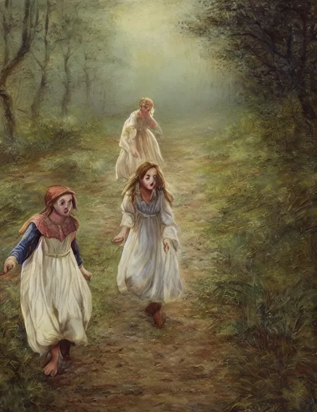 Prompt: two peasant girls running in the forest, motion photo, Cottage core, Cinematic focus, Polaroid photo, vintage, neutral colors, soft lights, foggy, by Steve Hanks, by Serov Valentin, by lisa yuskavage, by Andrei Tarkovsky, by Terrence Malick, by Krenz Cushart, 8k render, detailed, oil on canvas