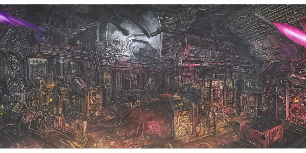 Image similar to an eldritch brutalist gothic airbrush painting of a voidpunk starship interior, illustrated by HG Wells, Warhammer 40k, Lisa Frank, Josh Kirby, sci-fi and cyberpunk, clean linework, Obsidian, technological, artificial