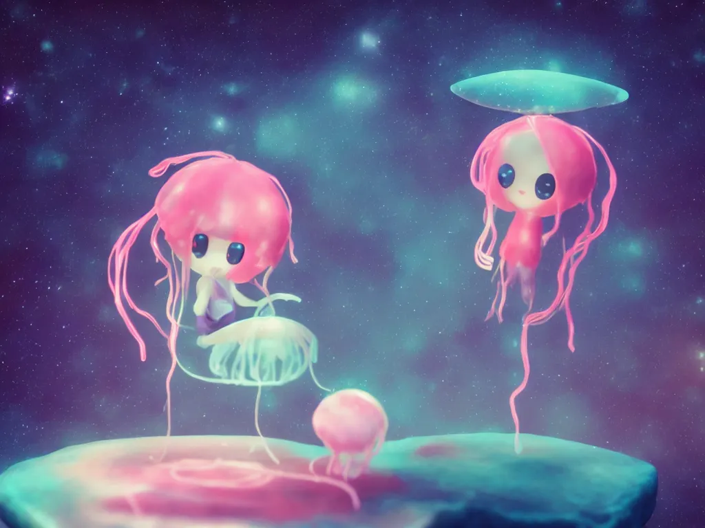 Image similar to cute fumo plush alien jellyfish girl sitting on a small island floating in the dark galactic abyss, vignette, bokeh, vray