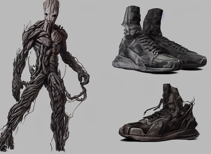 Image similar to sneakers of groot by yoji shinkawa, concept art, unreal engine, octane render