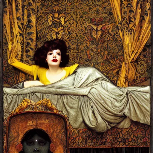 Image similar to hybrid of judy garland and lady gaga, brown fringe, large big downslanted eyes, large full lips, reclining on flowing bed cool stylish, yellow ochre ornate medieval dress, john william waterhouse, kilian eng, rosetti, john everett millais, william holman hunt, william morris, 4 k