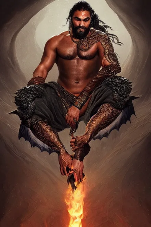 Prompt: beautiful, ethereal khal drogo ( jason momoa ) riding a dragon, intricate art deco dragon designs, elegant, highly detailed burning background, sharp focus, game of thrones art by artgerm and beeple and greg rutkowski and wlop