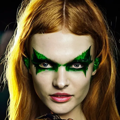 Image similar to A beautiful portrait of Daria Strokous smiling as Poison Ivy from Batman as a Versace fashion model Spring/Summer 2010, highly detailed, in the style of cinematic, Getty images, Milan fashion week backstage, Extreme close up, Makeup by Pat McGrath, Hair by Guido Palau, Greg rutkowski