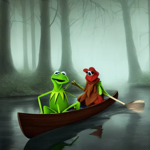 Prompt: Kermit the Frog riding a canoe down a stream, dark spooky forest in the backround surrounding him, hyperdetailed, artstation, cgsociety, 8k