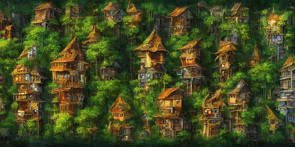 Prompt: long and tall fractal houses, village, jungle, artstation, digital art