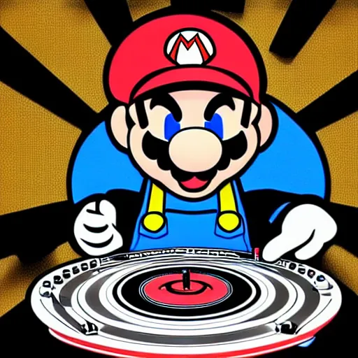 Image similar to svg sticker of a Pop-Wonder SuperMario, Mario-Wearing-a-red-hat, at a rave, spinning records, giant headphones rocking out, wearing headphones, huge speakers, dancing, rave, DJ, spinning records, digital art, amazing composition, rule-of-thirds, award-winning, trending on artstation, featured on deviantart