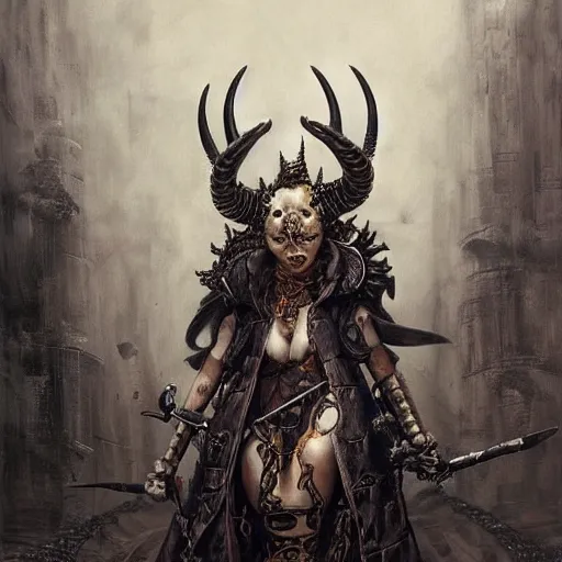 Prompt: a hyperrealistic portrait painting of a beautiful woman with demonic horns wearing steampunk goggles and ornate leather armor, walking into battle against an immense demonic army, by santiago caruso, highly detailed,