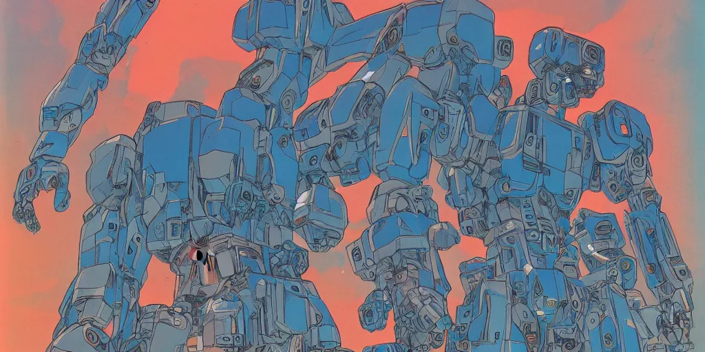 Image similar to risograph, gigantic mecha faces, no artifacts, mecha faces, a lot of exotic mecha faces, big human mecha faces everywhere, by satoshi kon and moebius, matte blue colors, surreal design, crispy, super - detailed, a lot of tiny details, no blur, 4 k, fullshot