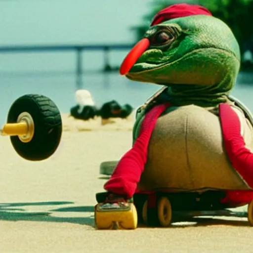 Image similar to a dodo wearing a ballcap and gold chain around its neck, on a hover board at a skate park at the beach, 1990s cartoon, teenage mutant ninja turtles
