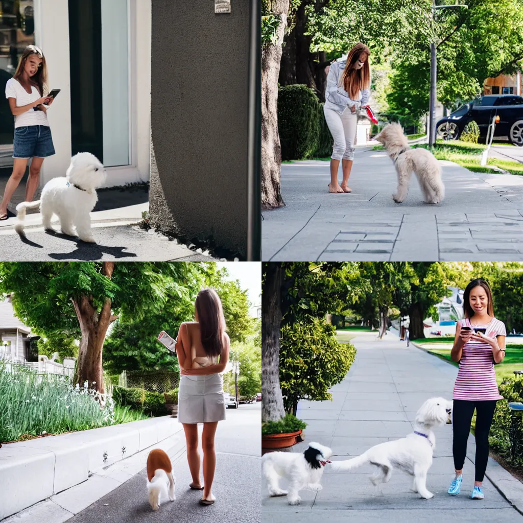 Prompt: dream An attractive young woman looking at her cell phone walking her small white dog on the sidewalk in the suburbs. Affluent neighborhood. Mid afternoon. Summer.