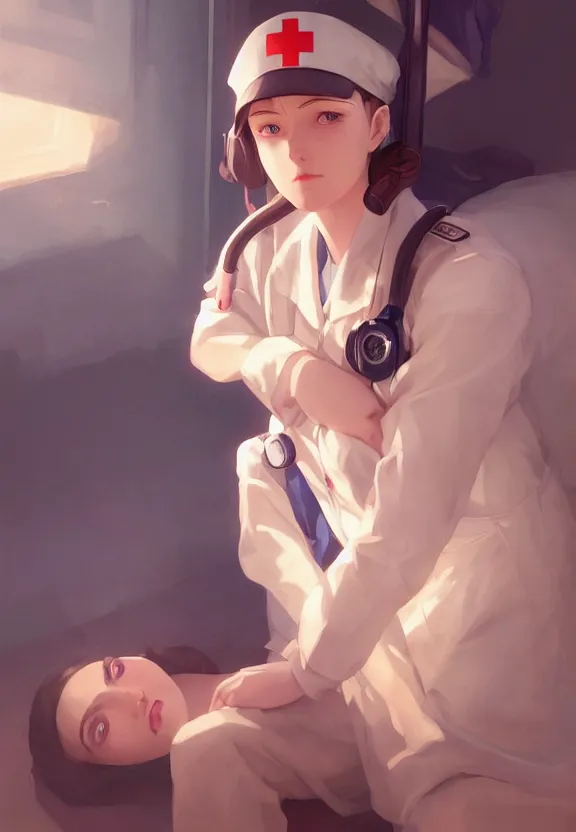 Image similar to a portrait of a tired female nurse in world war 2, 1 9 4 0 setting, vivid colors, soft lighting, atmospheric, cinematic, moody, in the style of ilya kuvshinov and range murata, krenz cushart, rule of thirds, oil on canvas, 8 k