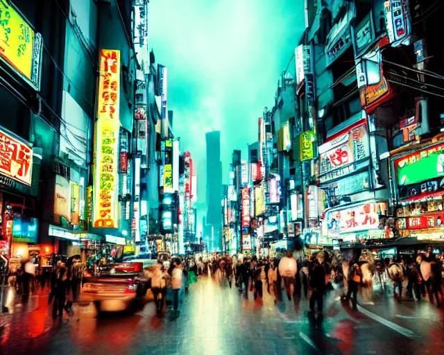 Image similar to futuristic tokyo crowded night street with neon signs by pixar, the animatrix, atmospheric, cinematic composition, 8 k, cinematic lighting, blade runner