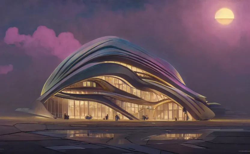 Image similar to exterior shot of utopian architecture building with cinematic lighting by zaha hadid and renzo piano, darek zabrocki and greg ruthkowski, alphonse mucha, simon stalenhag, cinematic, holy place, paradise, scifi, futurism, atmospheric, sunset, concept art, artstation, trending on artstation