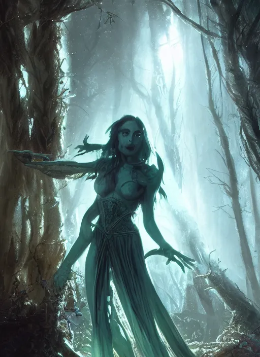 Image similar to a close - up of a beautiful succubus necromancer from magic the gathering, lord of the rings, and star trek ( ( ana de armas ) ) in a bioluminescent ancient dark forest, greg rutkowski, 8 k, shallow depth of field, intricate detail, concept art,