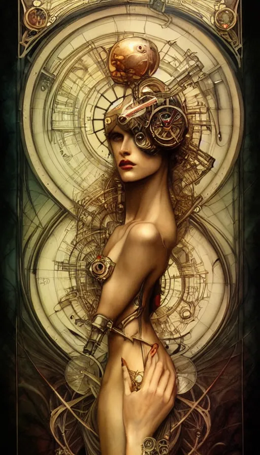 Image similar to timemachine schematics painted by tom bagshaw, mobius, mucha M. C. Escher, gold paint, ink, gnarly details