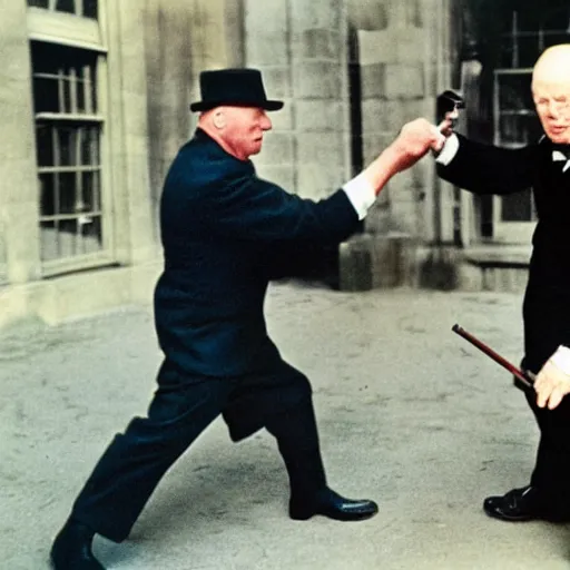 Prompt: Modern color photography of Bruce Willis punching Winston Churchill