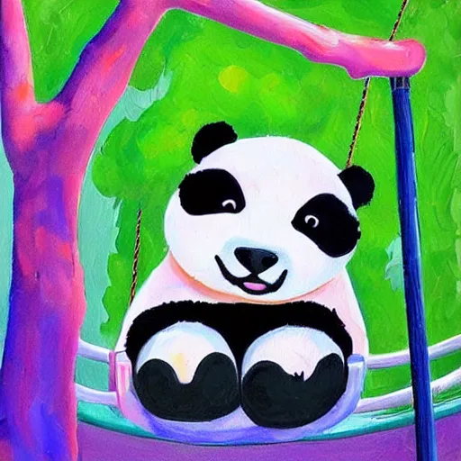 Prompt: beautiful and adorable and cute acrylic! impasto! painting of a sad, crying panda bear on a playground swing. by jeremiah ketner and studio ghibli