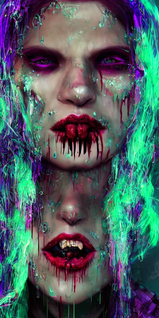 Image similar to impossibly beautiful vampire with large vampire fangs, intricate complexity, horror, psychedelic glitch art, rainbow drip paint, trending on art station, photoreal, 8k, octane render