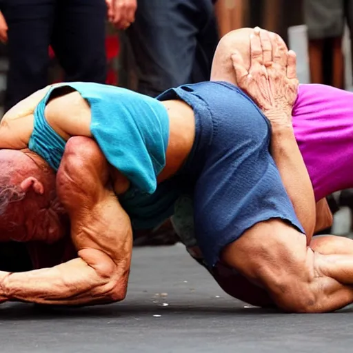 Prompt: an old woman with a body like a bodybuilder pouncing on helpless victims