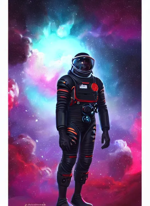 Image similar to black man in an advanced spacesuit without a helmet in front of exploding nebulae, digital illustration trending on artstation by artgerm and rutkowski