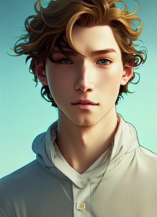 Image similar to young man with medium - length, curly, golden hair, aquamarine eyes, natural lighting, path traced, highly detailed, high quality, cartoon, digital painting, by new haicheng and ross tran and studio ghibli and alphonse mucha