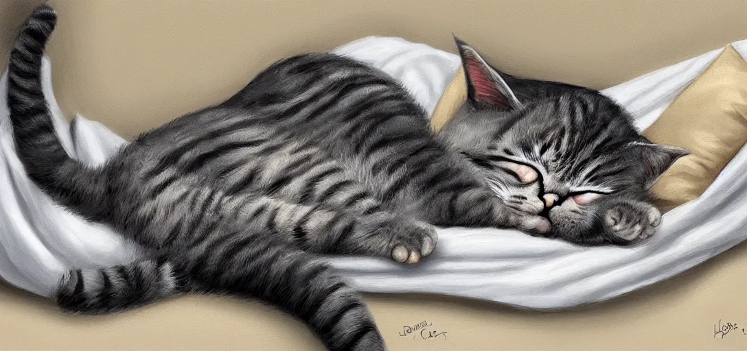 Image similar to cat sleeping in bed, digital art