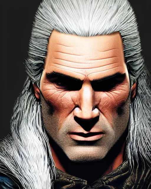 Image similar to portrait of geralt of rivia, 5 5 mm lens, professional photograph, times magazine, serious, stern look, zoomed out