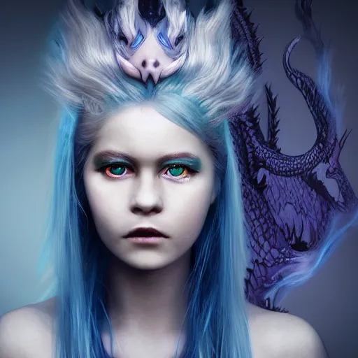 Prompt: The dragon girl portrait, portrait of young girl half dragon half human, dragon girl, dragon skin, dragon eyes, dragon crown, blue hair, long hair, highly detailed, cinematic lighting, chiaroscuro lighting, By David Lynch