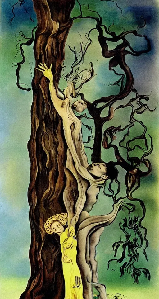 Image similar to Marie Curie hugging a tree by Salvador Dalí