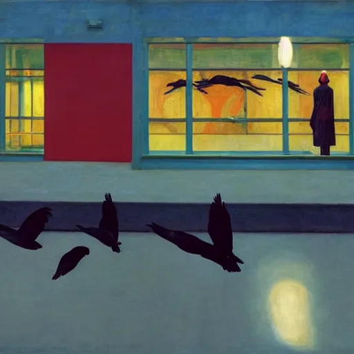 Prompt: a battle of crows in mumbai, hyperrealistic film still by edward hopper, by gottfried helnwein, by klimt, by paolo uccello, art nouveau, highly detailed, strong lights, liminal, eerie, metaphysical, bright pastel colors