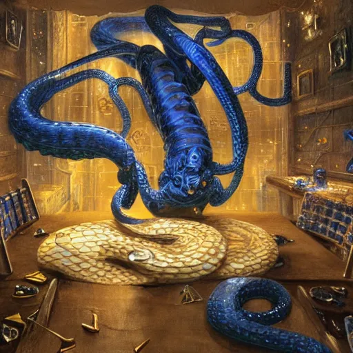 Image similar to an ethereal humanoid snake with hands, golden scales and blue accents scattered in its design, set in an empty tavern full of wispy blue spirits, warm yellow lights, art by yuji ikehata and satoshi kon, background art by miyazaki, realism, proper human male proportions, fully clothed, dungeons and dragons, anime